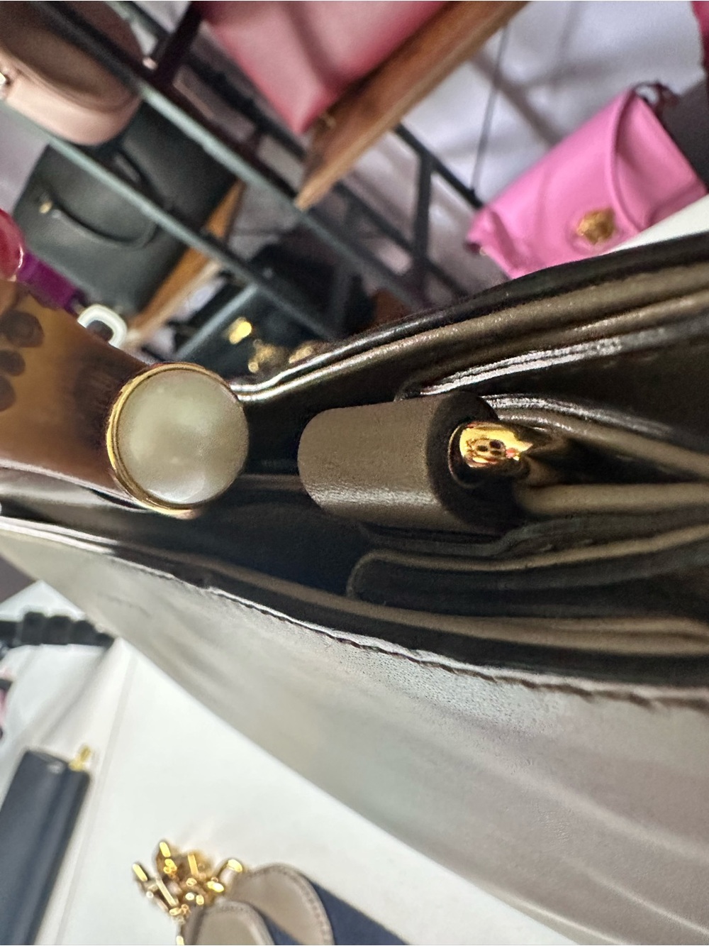 Gucci Taupe Leather Bamboo-Handle Satchel with Navy & Red Strap - Picture 13 of 16